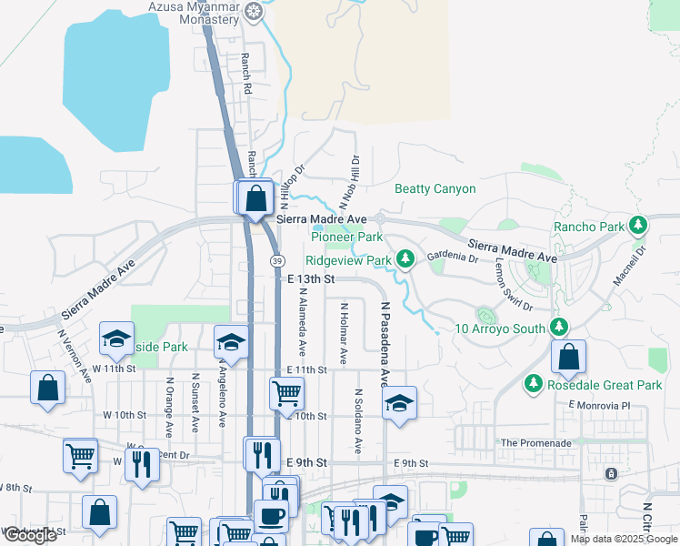 map of restaurants, bars, coffee shops, grocery stores, and more near 333 East 13th Street in Azusa