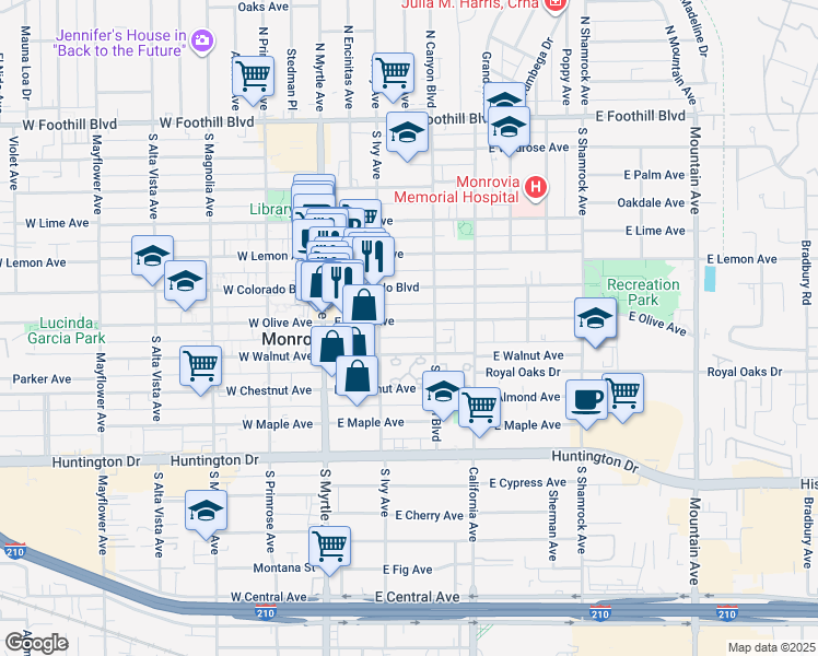 map of restaurants, bars, coffee shops, grocery stores, and more near 228 East Olive Avenue in Monrovia