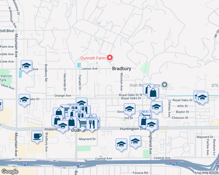 map of restaurants, bars, coffee shops, grocery stores, and more near 1527 Royal Oaks Drive in Bradbury