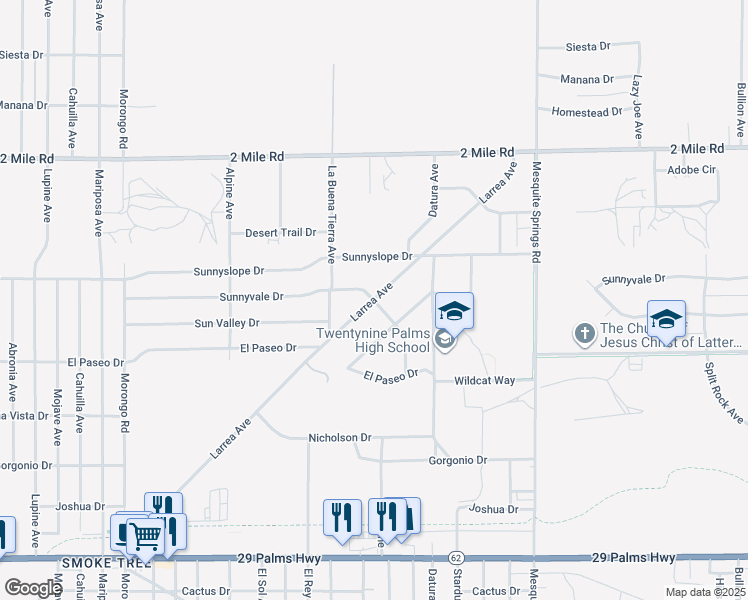 map of restaurants, bars, coffee shops, grocery stores, and more near Sunnyvale Drive in Twentynine Palms
