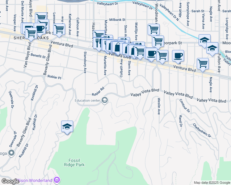 map of restaurants, bars, coffee shops, grocery stores, and more near 13905 Valley Vista Boulevard in Los Angeles