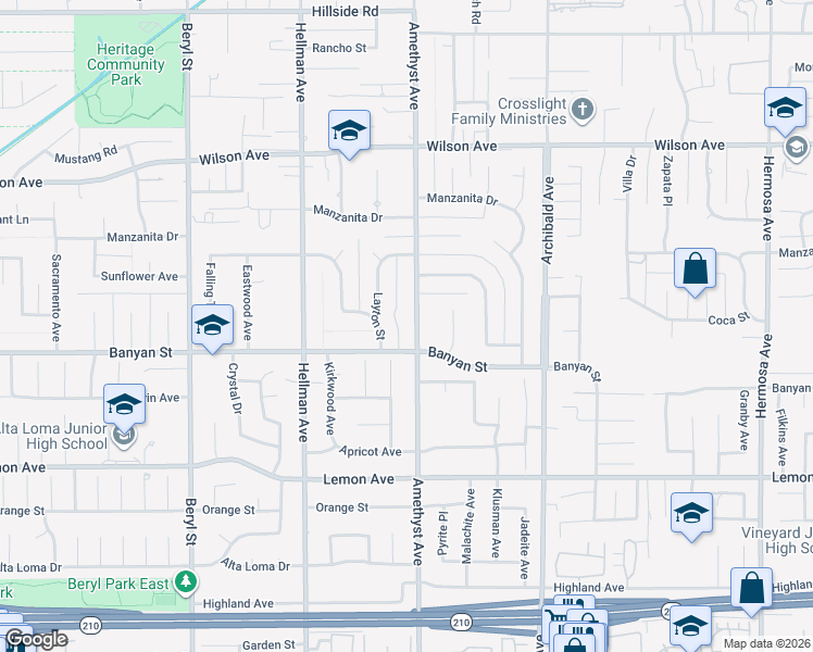 map of restaurants, bars, coffee shops, grocery stores, and more near 6056 Amethyst Street in Rancho Cucamonga