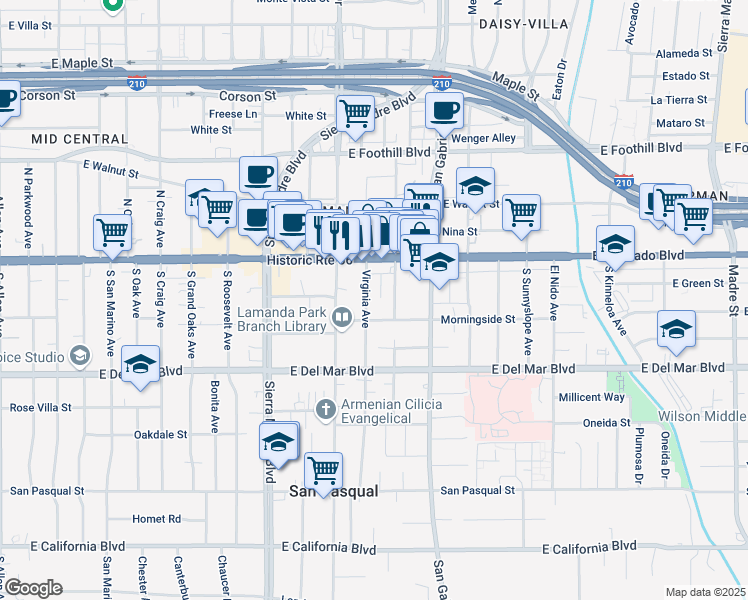 map of restaurants, bars, coffee shops, grocery stores, and more near 80 Virginia Avenue in Pasadena