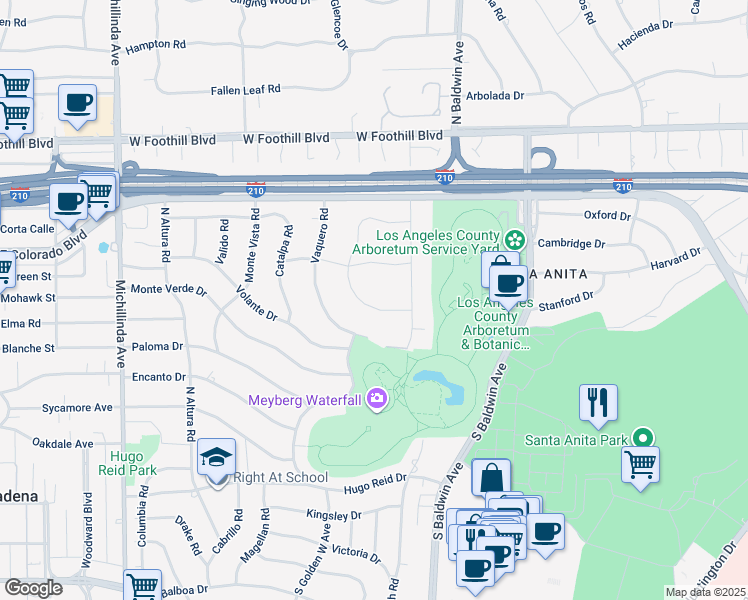 map of restaurants, bars, coffee shops, grocery stores, and more near 841 San Simeon Road in Arcadia