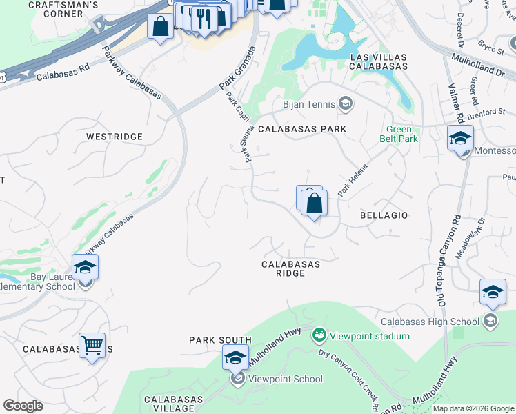 map of restaurants, bars, coffee shops, grocery stores, and more near 4370 Park Milano in Calabasas