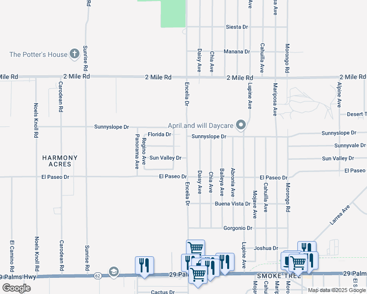 map of restaurants, bars, coffee shops, grocery stores, and more near 71630 Sunnyvale Court in Twentynine Palms