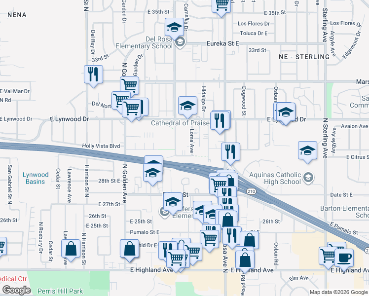 map of restaurants, bars, coffee shops, grocery stores, and more near 2935 Mountain Avenue North in San Bernardino