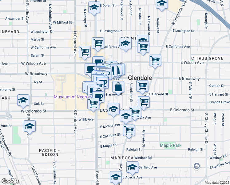 map of restaurants, bars, coffee shops, grocery stores, and more near 162 South Louise Street in Glendale