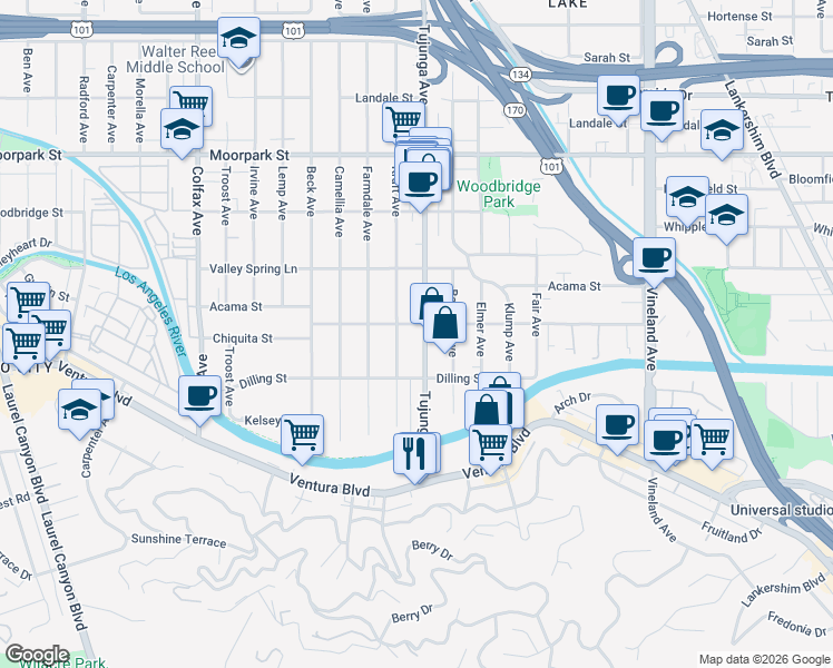 map of restaurants, bars, coffee shops, grocery stores, and more near Tujunga Avenue in Los Angeles