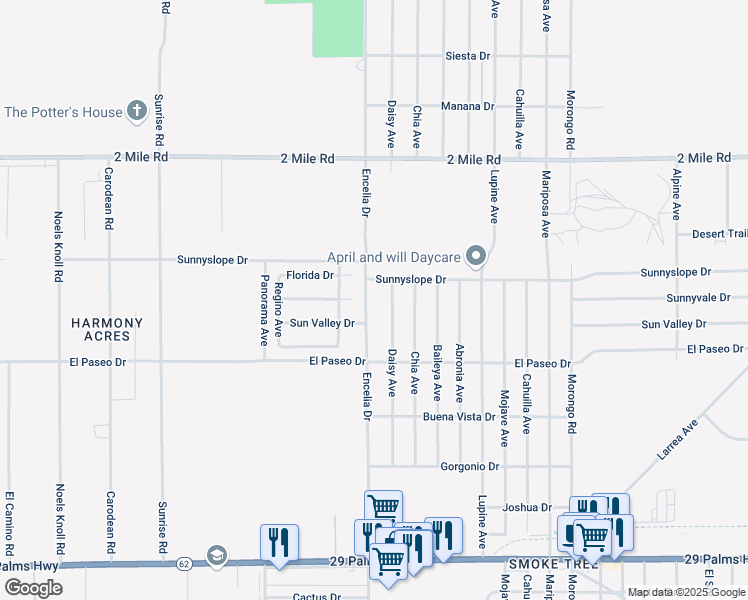 map of restaurants, bars, coffee shops, grocery stores, and more near 71630 Sunnyvale Court in Twentynine Palms