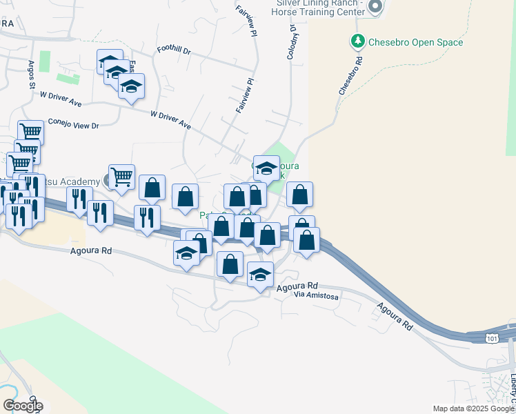 map of restaurants, bars, coffee shops, grocery stores, and more near 5217 Chesebro Road in Agoura Hills