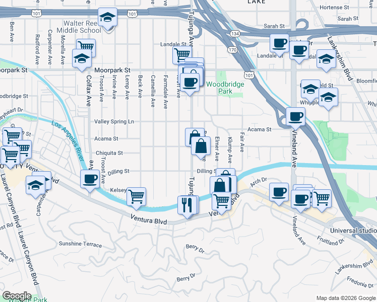 map of restaurants, bars, coffee shops, grocery stores, and more near 4181 Tujunga Avenue in Los Angeles