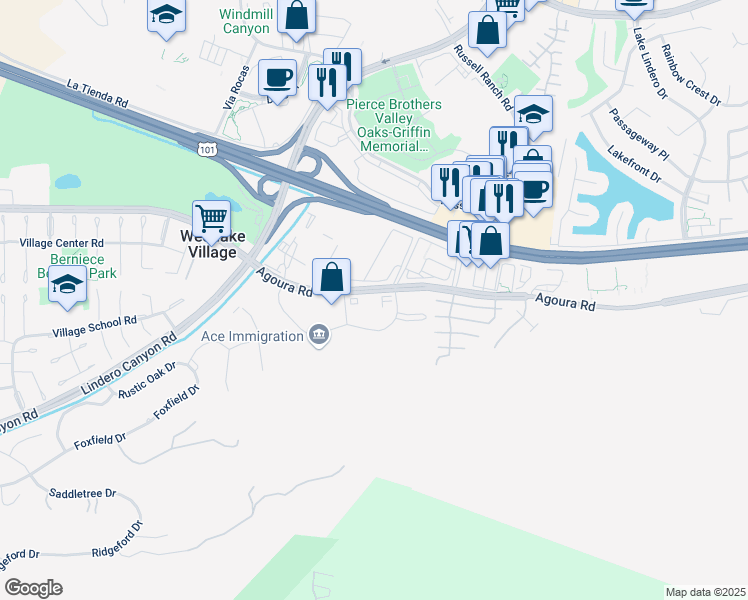 map of restaurants, bars, coffee shops, grocery stores, and more near 4360 Park Terrace Drive in Westlake Village