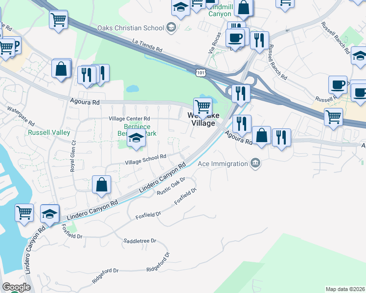 map of restaurants, bars, coffee shops, grocery stores, and more near 31617 Village School Road in Westlake Village
