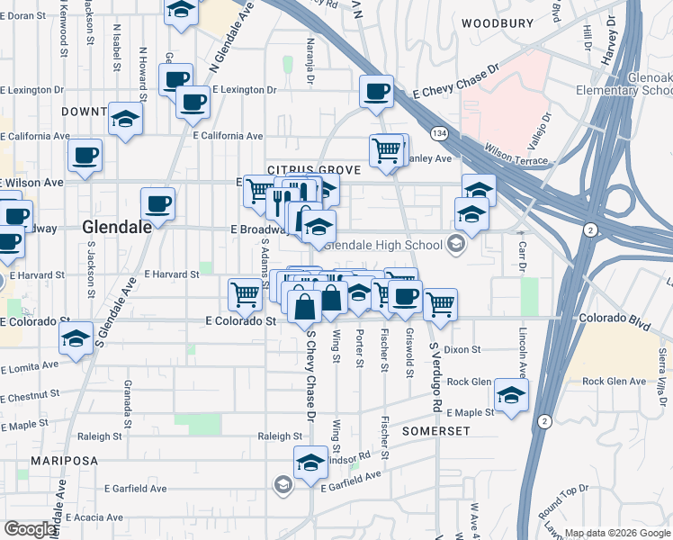map of restaurants, bars, coffee shops, grocery stores, and more near 1231 East Harvard Street in Glendale