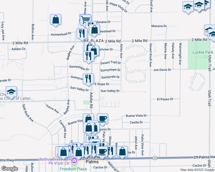map of restaurants, bars, coffee shops, grocery stores, and more near 73805 South Slope Drive in Twentynine Palms