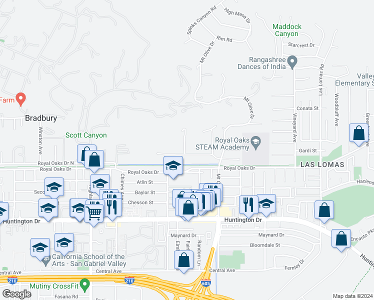 map of restaurants, bars, coffee shops, grocery stores, and more near 2147 Gardi Street in Bradbury