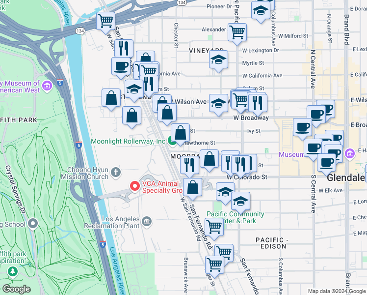map of restaurants, bars, coffee shops, grocery stores, and more near 608 Hawthorne Street in Glendale