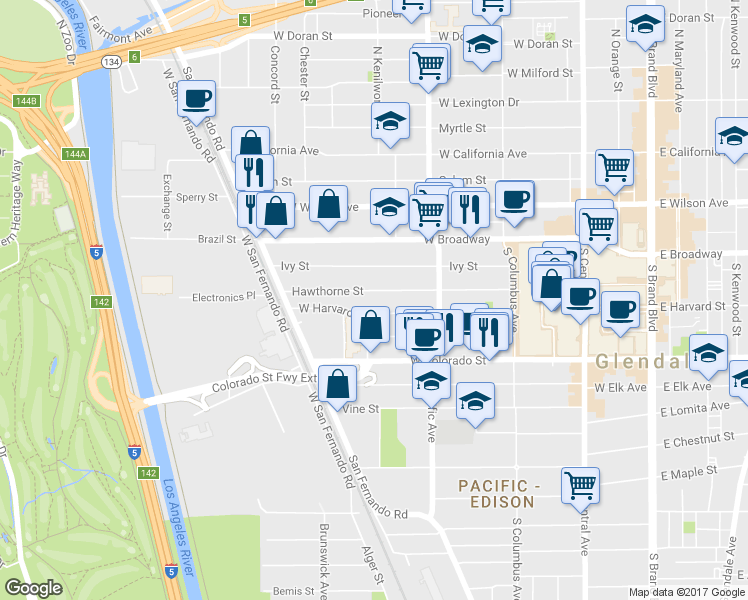 map of restaurants, bars, coffee shops, grocery stores, and more near 604 Hawthorne Street in Glendale