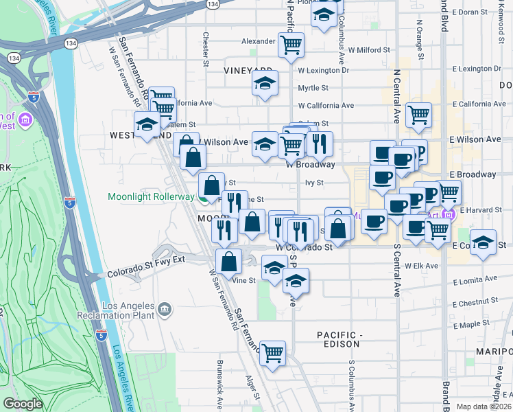 map of restaurants, bars, coffee shops, grocery stores, and more near 600 Hawthorne Street in Glendale