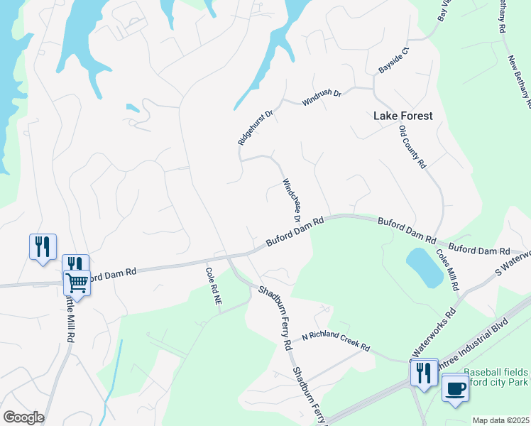 map of restaurants, bars, coffee shops, grocery stores, and more near 2482 Windchase Court in Buford