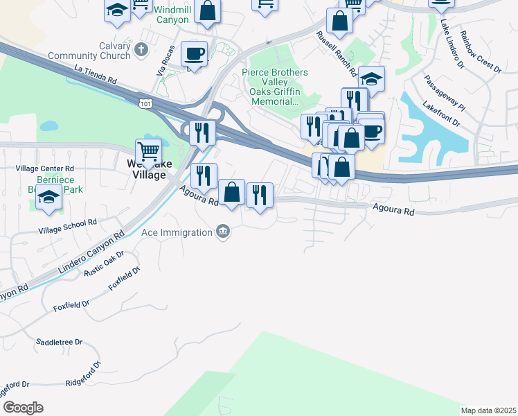 map of restaurants, bars, coffee shops, grocery stores, and more near 4360 Park Terrace Drive in Westlake Village