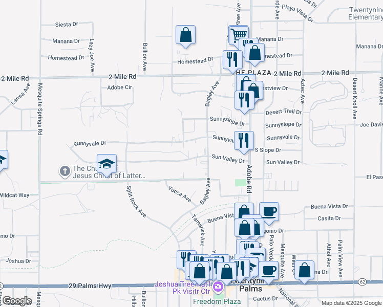 map of restaurants, bars, coffee shops, grocery stores, and more near 73480 Sun Valley Drive in Twentynine Palms