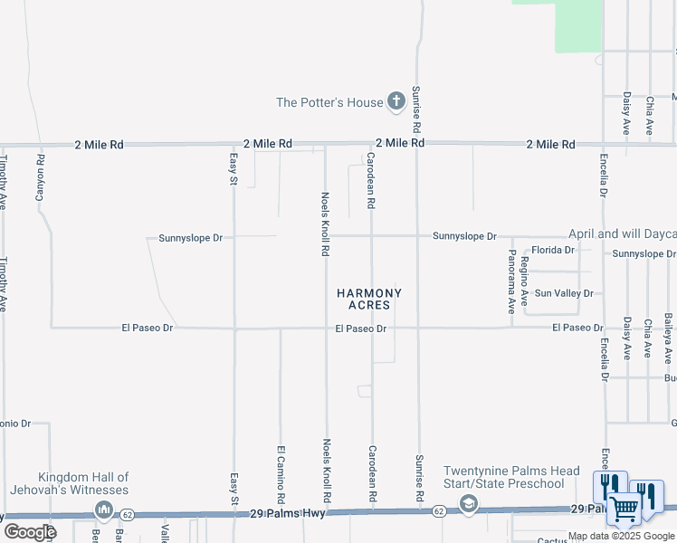 map of restaurants, bars, coffee shops, grocery stores, and more near Noels Knoll Road in Twentynine Palms