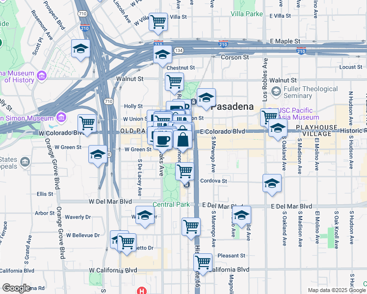 map of restaurants, bars, coffee shops, grocery stores, and more near in Pasadena