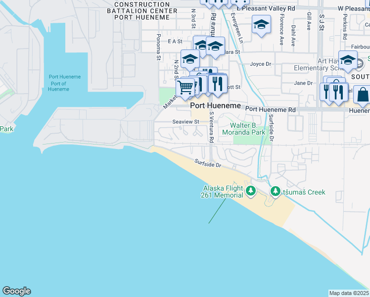 map of restaurants, bars, coffee shops, grocery stores, and more near 240 East Surfside Drive in Port Hueneme