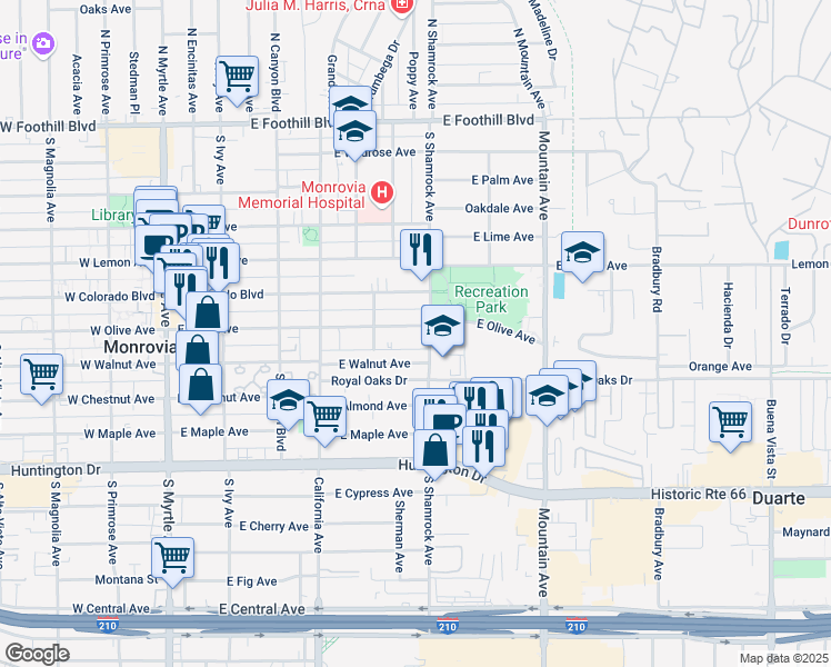 map of restaurants, bars, coffee shops, grocery stores, and more near 618 East Olive Avenue in Monrovia