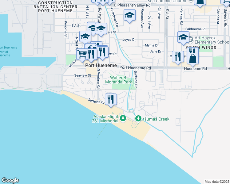 map of restaurants, bars, coffee shops, grocery stores, and more near 623 Island View Circle in Port Hueneme