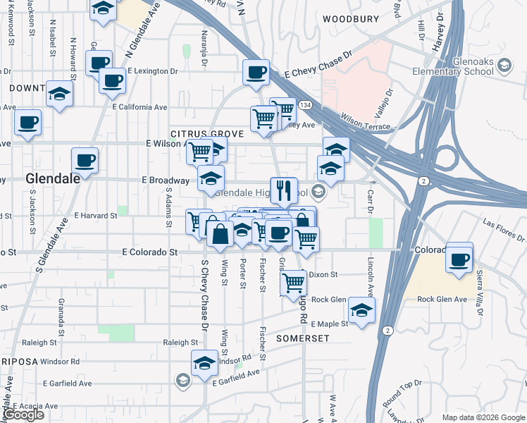 map of restaurants, bars, coffee shops, grocery stores, and more near 1339 East Harvard Street in Glendale