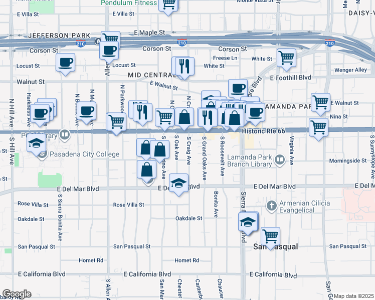 map of restaurants, bars, coffee shops, grocery stores, and more near 67 South Craig Avenue in Pasadena
