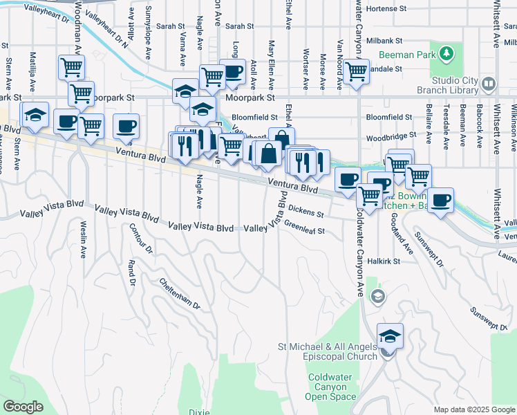 map of restaurants, bars, coffee shops, grocery stores, and more near 4137 Mary Ellen Avenue in Los Angeles
