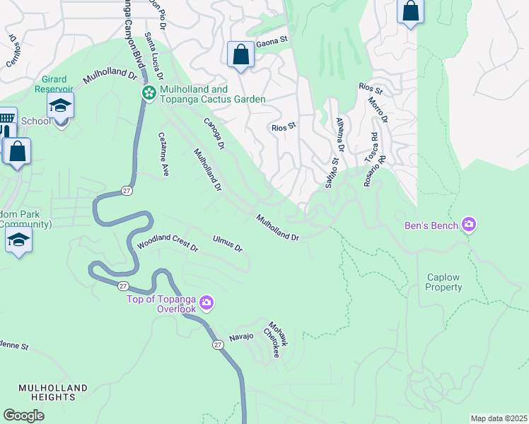 map of restaurants, bars, coffee shops, grocery stores, and more near 21329 Mulholland Drive in Los Angeles