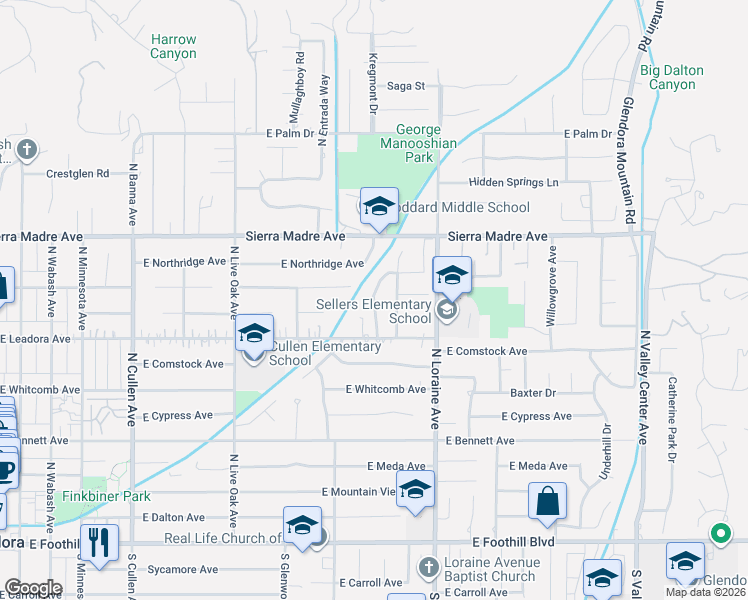 map of restaurants, bars, coffee shops, grocery stores, and more near 543 North Ranch Lane in Glendora