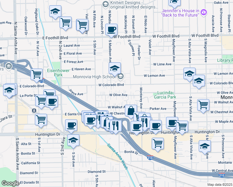 map of restaurants, bars, coffee shops, grocery stores, and more near 836 West Olive Avenue in Monrovia