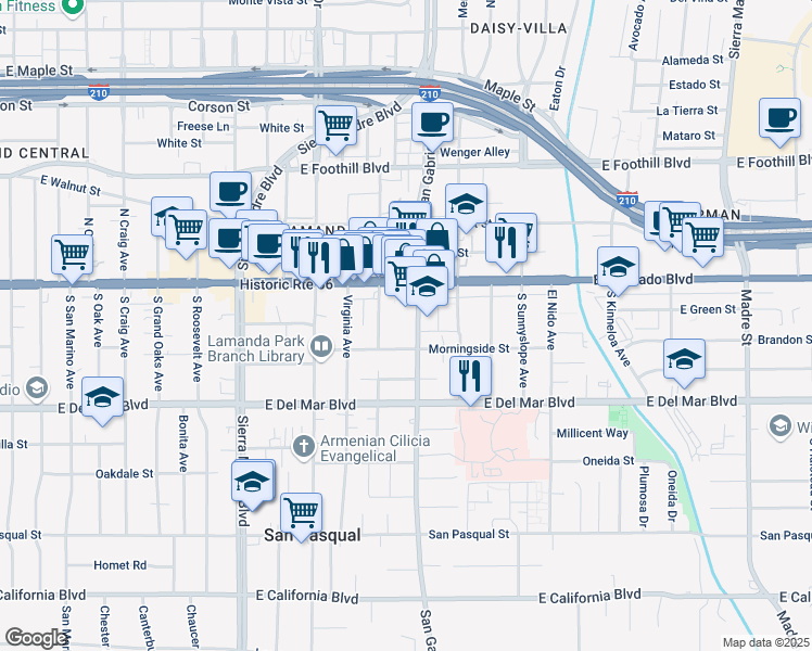 map of restaurants, bars, coffee shops, grocery stores, and more near 91 South San Gabriel Boulevard in Pasadena