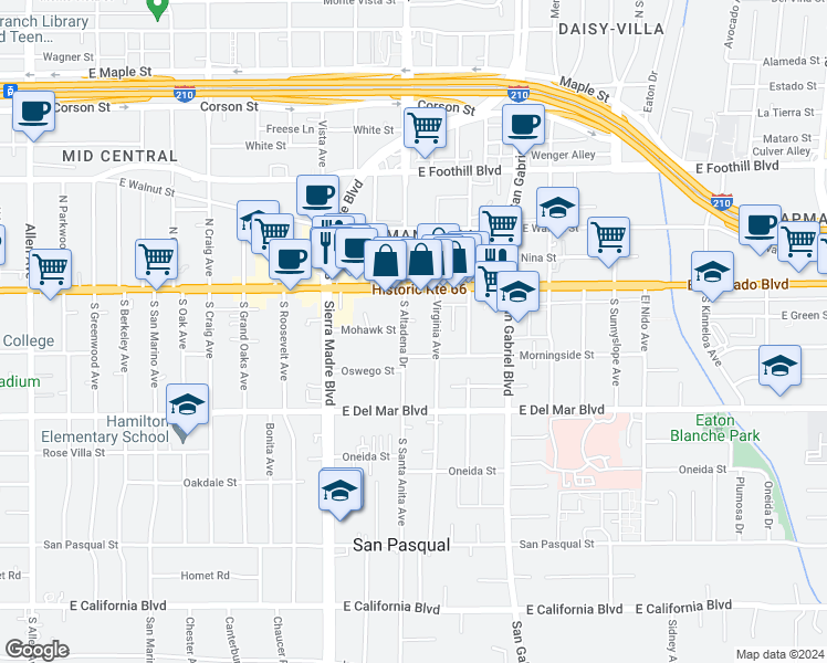 map of restaurants, bars, coffee shops, grocery stores, and more near 79 Virginia Avenue in Pasadena