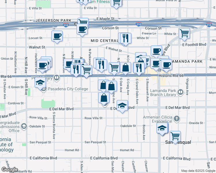 map of restaurants, bars, coffee shops, grocery stores, and more near 83 South San Marino Avenue in Pasadena