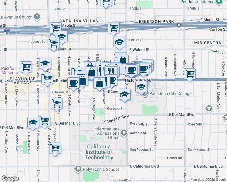 map of restaurants, bars, coffee shops, grocery stores, and more near 1324 East Green Street in Pasadena