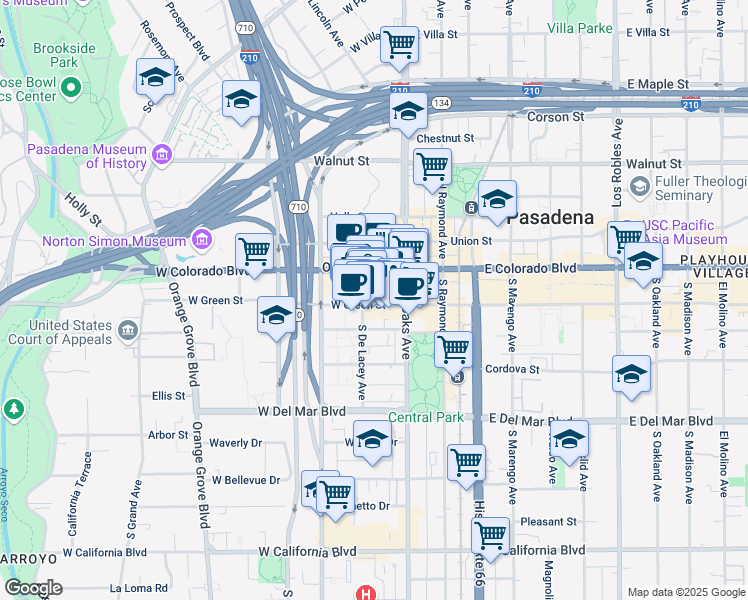 map of restaurants, bars, coffee shops, grocery stores, and more near 70W West Green Street in Pasadena