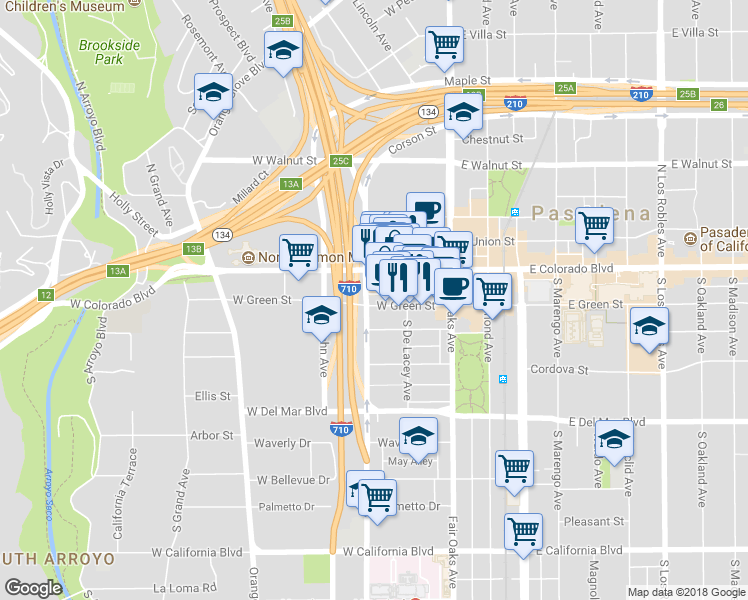 map of restaurants, bars, coffee shops, grocery stores, and more near 141 West Green Street in Pasadena