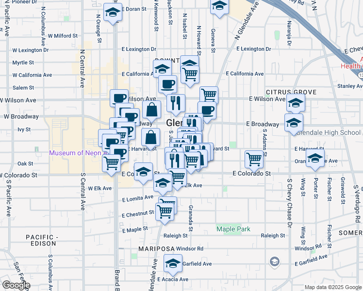 map of restaurants, bars, coffee shops, grocery stores, and more near 511 East Harvard Street in Glendale