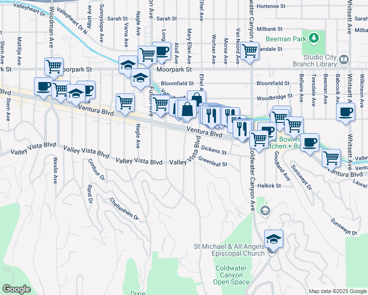 map of restaurants, bars, coffee shops, grocery stores, and more near 13141 Valley Vista Boulevard in Los Angeles