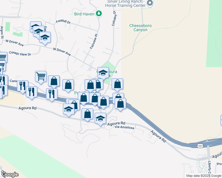 map of restaurants, bars, coffee shops, grocery stores, and more near 5250 Chesebro Road in Agoura Hills