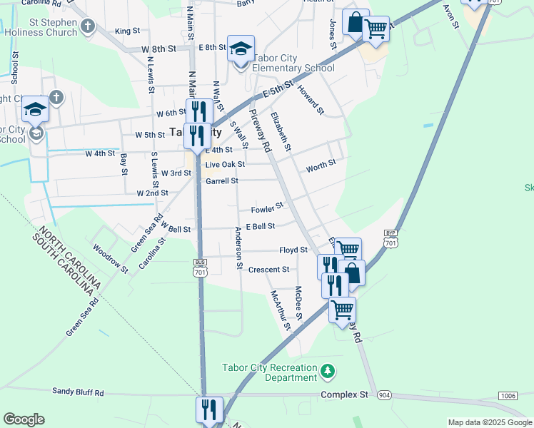 map of restaurants, bars, coffee shops, grocery stores, and more near 205 E Bell St in Tabor City