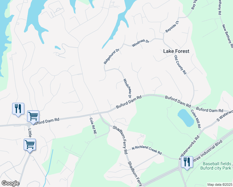 map of restaurants, bars, coffee shops, grocery stores, and more near 2482 Windchase Court in Buford