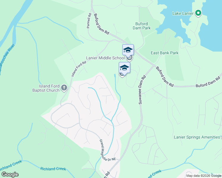 map of restaurants, bars, coffee shops, grocery stores, and more near 7100 River Island Circle in Buford